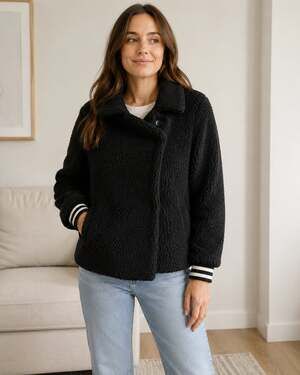 BB Dakota Fleece and Love Jacket Black Teddy Sherpa with Striped Ribbed Cuffs